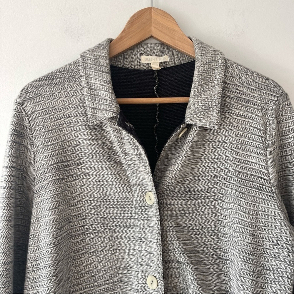 Eileen Fisher Chevron Gray Jacket button up Medium cotton button up office - Picture 4 of 8